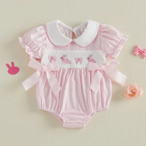 Easter Romper with Striped Bunny Embroidery