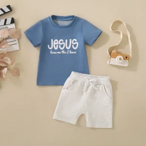 Baby Jesus Letter Print Short Sleeve Top with Shorts